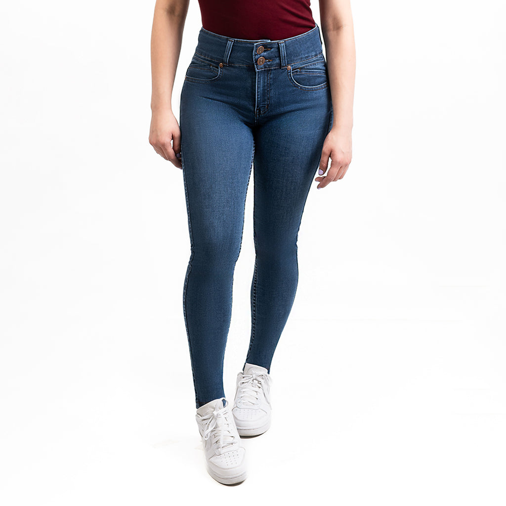 Jeans Dama Levanta Pompi Skinny Pretina Ancha Sin Bolso Azul