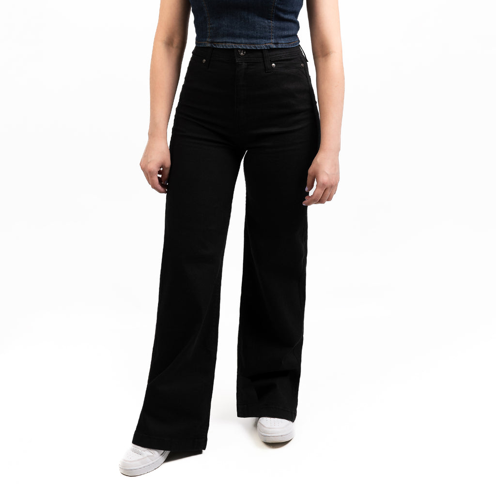 Jeans Dama Tiro Alto Palazzo Pretina Normal Con Bolso Negro Stone