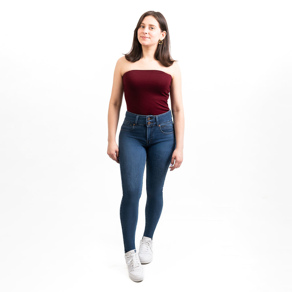 Jeans Dama Levanta Pompi Skinny Pretina Ancha Sin Bolso Azul