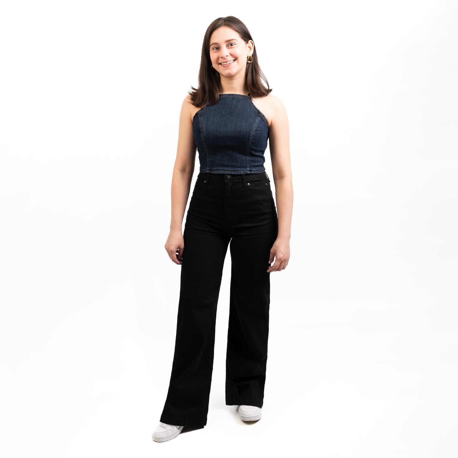 Jeans Dama Tiro Alto Palazzo Pretina Normal Con Bolso Negro Stone