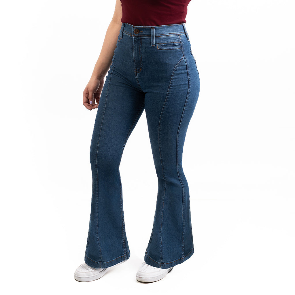 Jeans Dama Tiro Alto Campana Pretina Normal Con Bolso Azul Stone