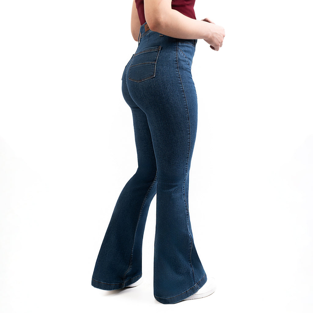Jeans Dama Tiro Alto Campana Pretina Normal Con Bolso Azul Stone