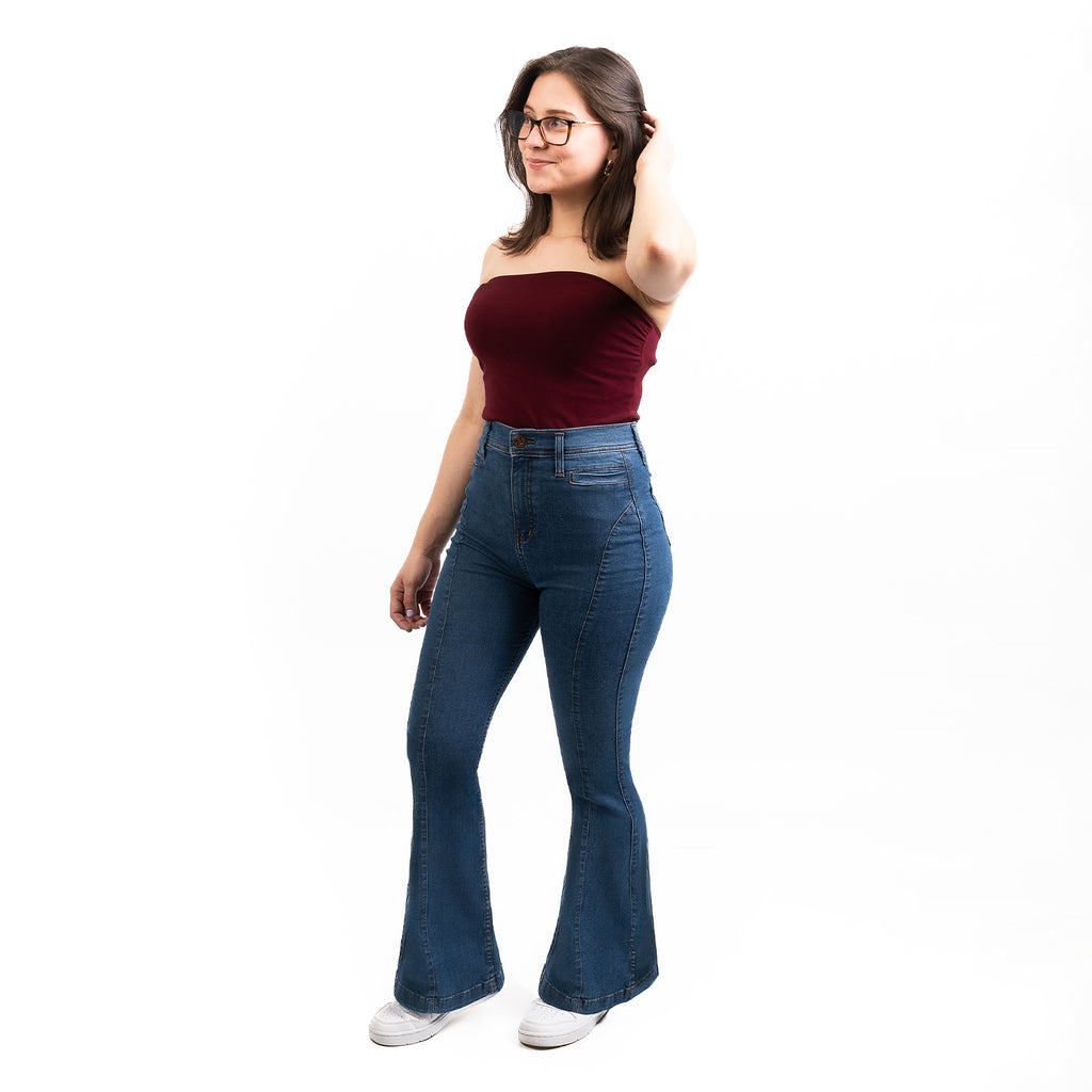 Jeans Dama Tiro Alto Campana Pretina Normal Con Bolso Azul Stone