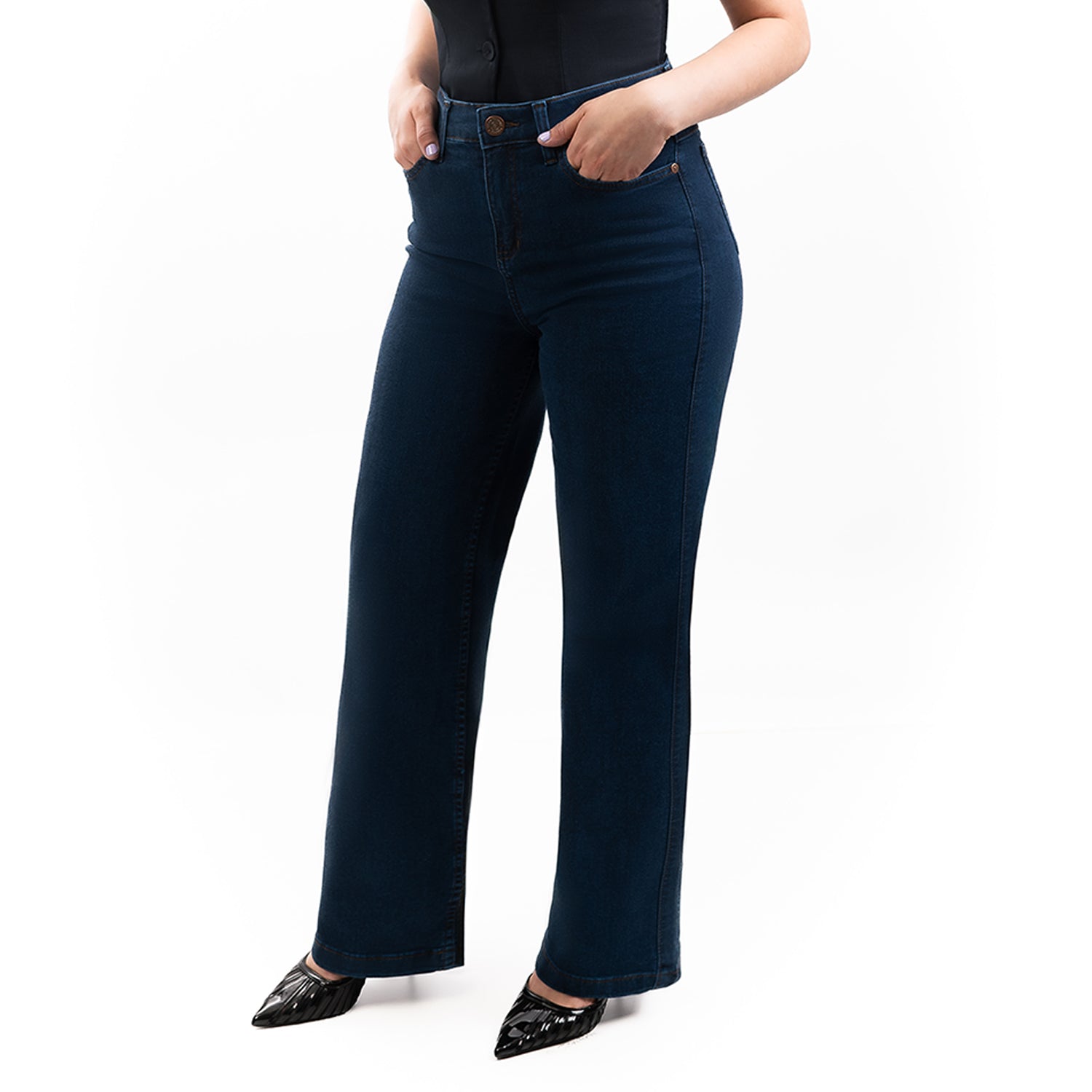 Jeans Dama Tiro Alto Wide Leg Pretina Normal Con Bolso Turqueza