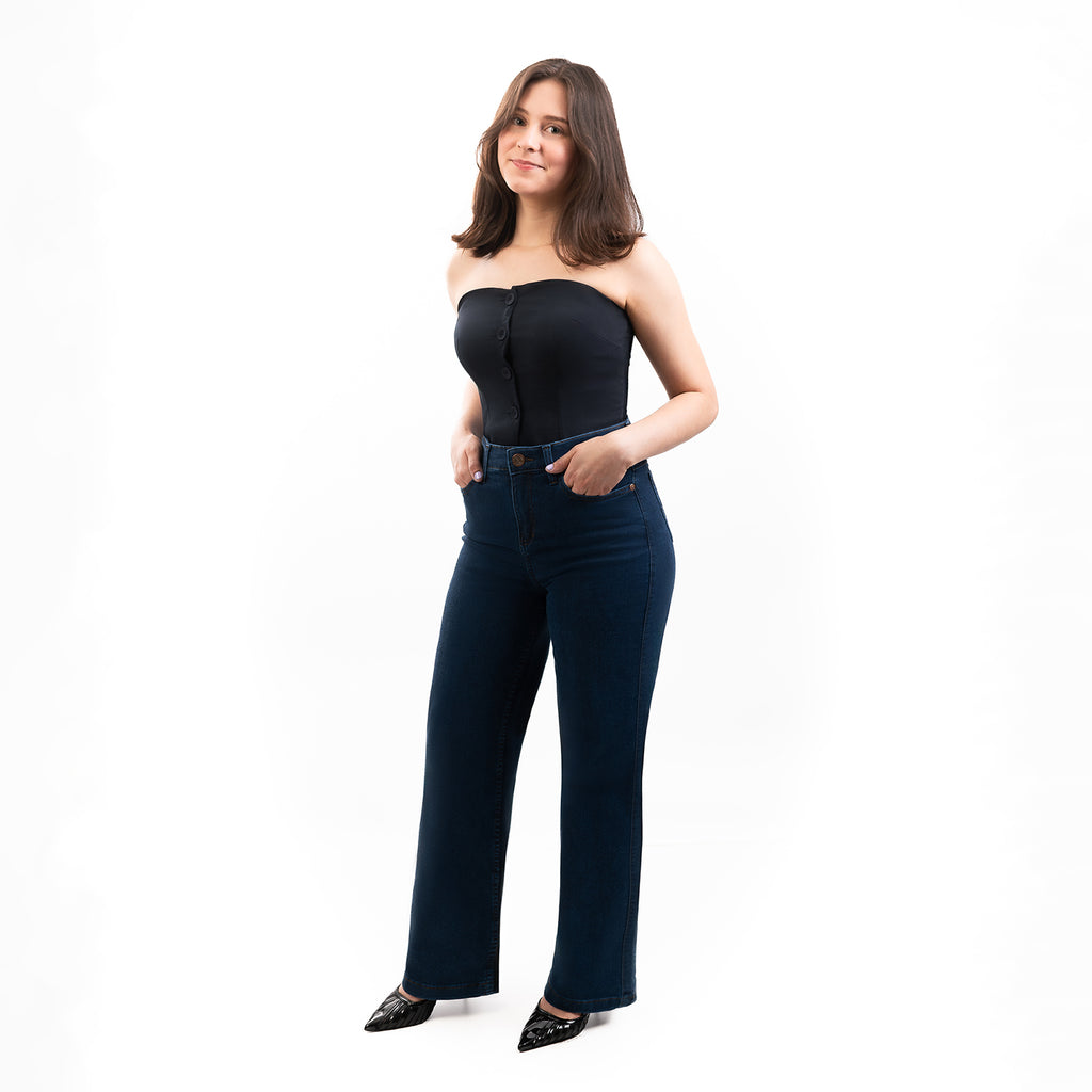 Jeans Dama Tiro Alto Wide Leg Pretina Normal Con Bolso Turqueza