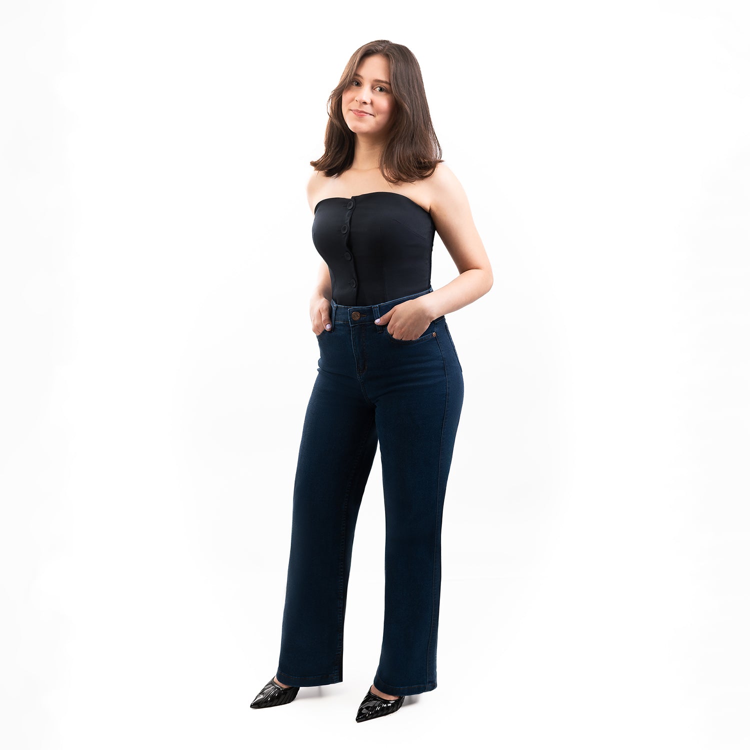 Jeans Dama Tiro Alto Wide Leg Pretina Normal Con Bolso Turqueza