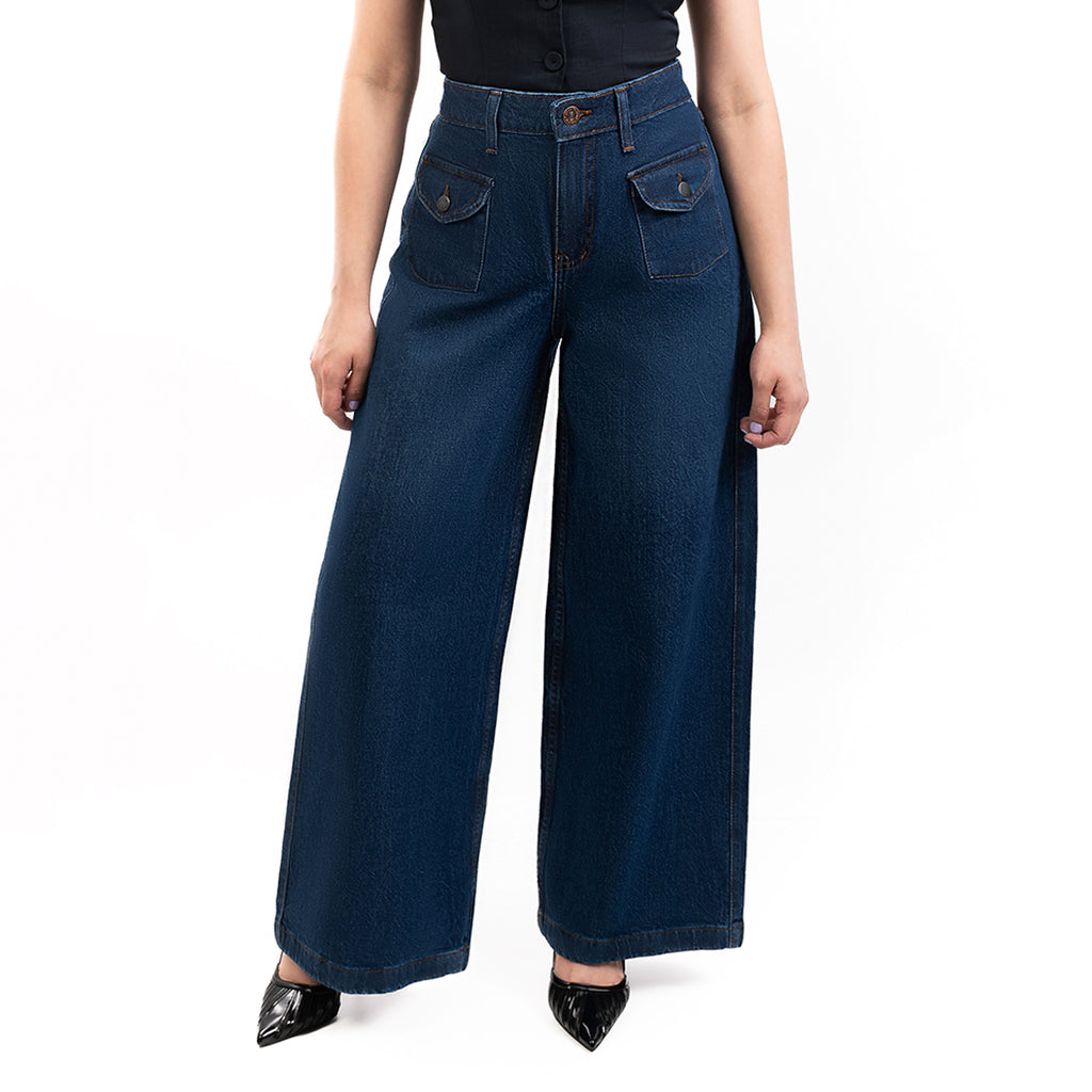 Jeans Dama Tiro Alto Wide Leg Petite Pretina Normal Con Bolso Azul Stone