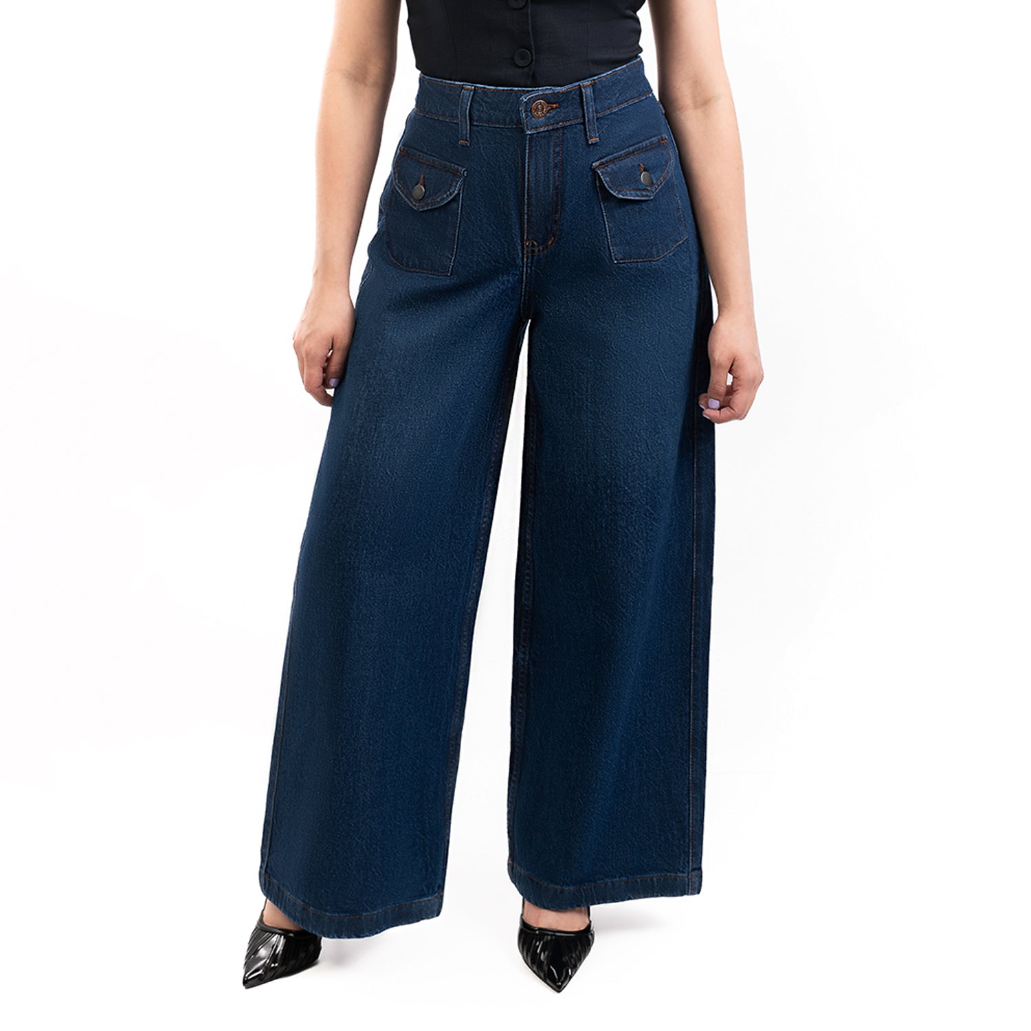 Jeans Dama Tiro Alto Wide Leg Petite Pretina Normal Con Bolso Azul Stone