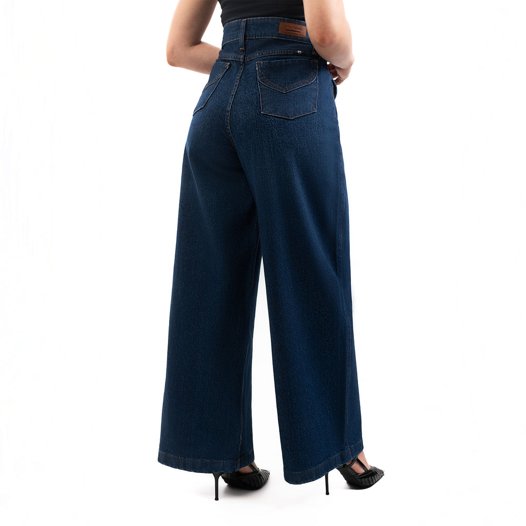 Jeans Dama Tiro Alto Wide Leg Petite Pretina Normal Con Bolso Azul Stone