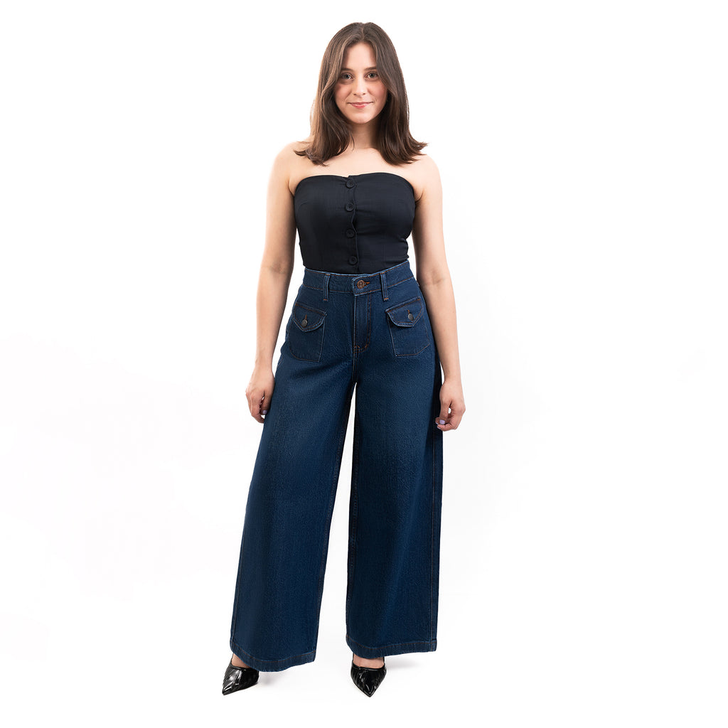 Jeans Dama Tiro Alto Wide Leg Petite Pretina Normal Con Bolso Azul Stone